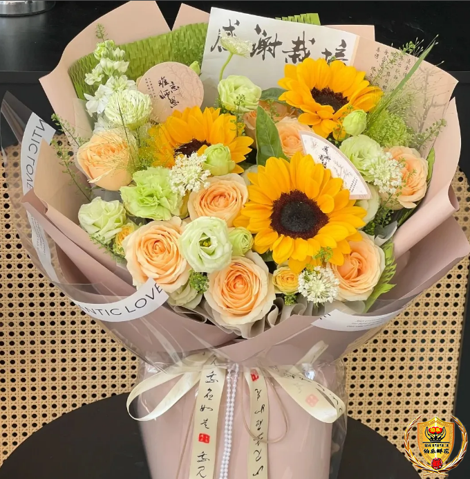 【春晖满园】3朵向日葵混搭8朵香槟玫瑰混搭花束送男老师恩师感谢恩师花店送花上门