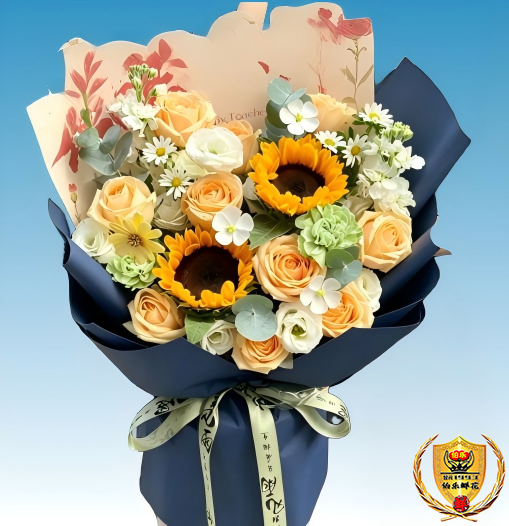 【良师益友】2朵向日葵10朵香槟玫瑰混搭花束谢师礼花束谢师礼鲜花送老师花店送花上门