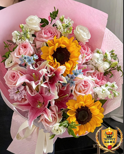 【教师节送女老师】2朵向日葵粉百合粉玫瑰混搭花束教师节花束教师节鲜花花店送花上门
