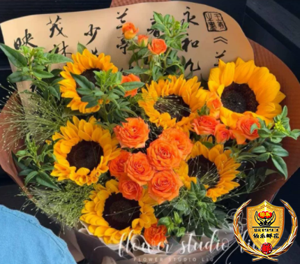 『感谢有你 一路同行』6朵向日葵香槟玫瑰鲜花束接机鲜花送老师的鲜花/朋友/闺蜜毕业快乐W