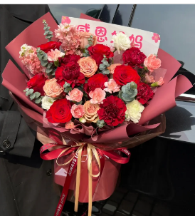 【朝暮共往】16朵红玫瑰粉色康乃馨卡布混搭鲜花束女神节礼物送妈妈送长辈送爱人花店送花上门
