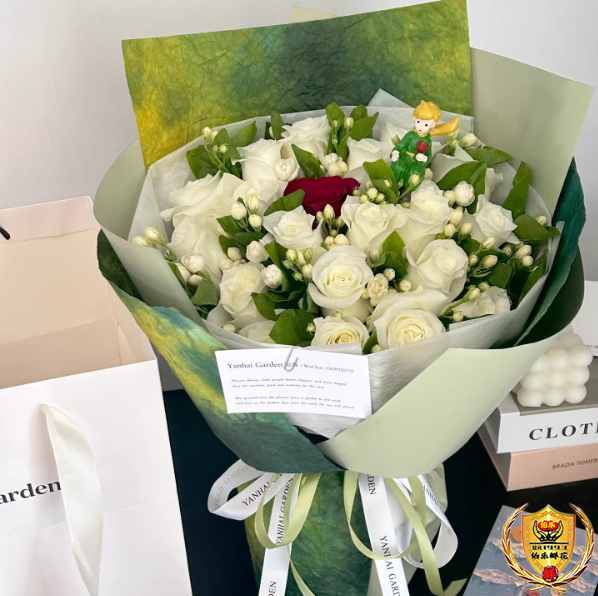 【茉莉王子】18朵白玫瑰搭配1朵红玫瑰和茉莉混搭鲜花束生日鲜花毕业花束毕业花束送考生送朋友送老师